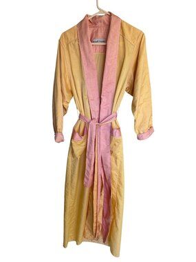 Fernando Sanchez Womens Robe Size S Yellow Embossed Satin Floral Trim Vintage